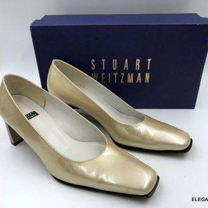 Stuart Weitzman Gold Patent Leather Pumps 6.5 M LISA Heels Square Toe w/ Box